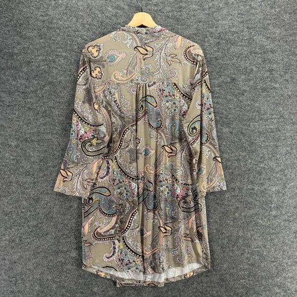 Serengeti Dress Women XL Beige Paisley Shift Short Crew Neck Button Long Sleeve - Picture 2 of 7